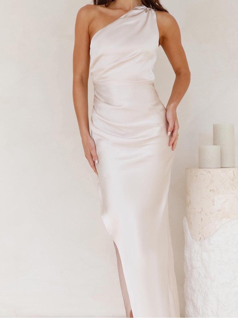 NWT Selfie Leslie One-Shoulder Satin Gown in Champagne